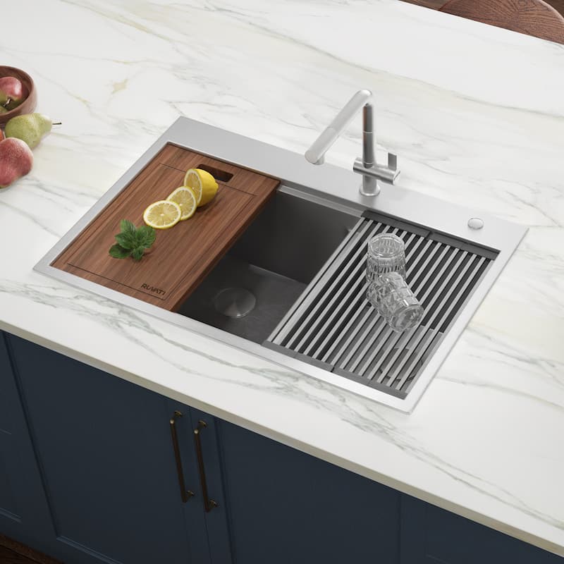 Ruvati 33 x 22 inch Workstation Drop-in 40/60 Double Bowl Topmount Rounded Corners Kitchen Sink - 33 x 22 - 33 x 22