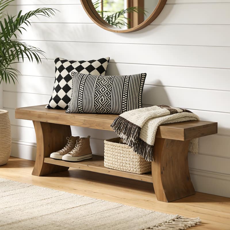 Solid Wood Entryway Bench, 2-tier Farmhouse Shoe Storage Bench