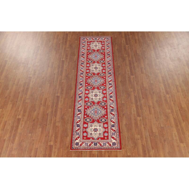 Red Geometric Kazak Oriental Runner Rug Hand-Knotted Wool Carpet - 2'8" x 9'7"