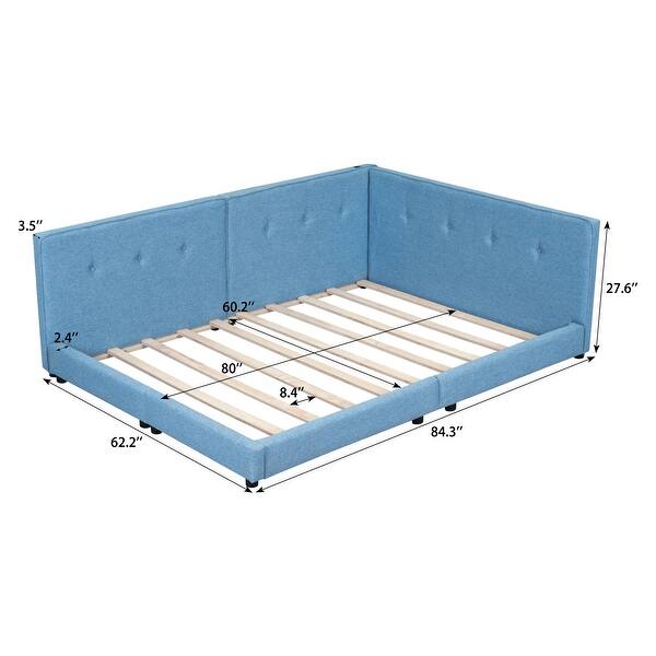 Upholstered Queen Size Platform Bed with USB Ports, Linen Fabric, Sturdy Wood Daybed Frame, No Box Spring Needed, Blue