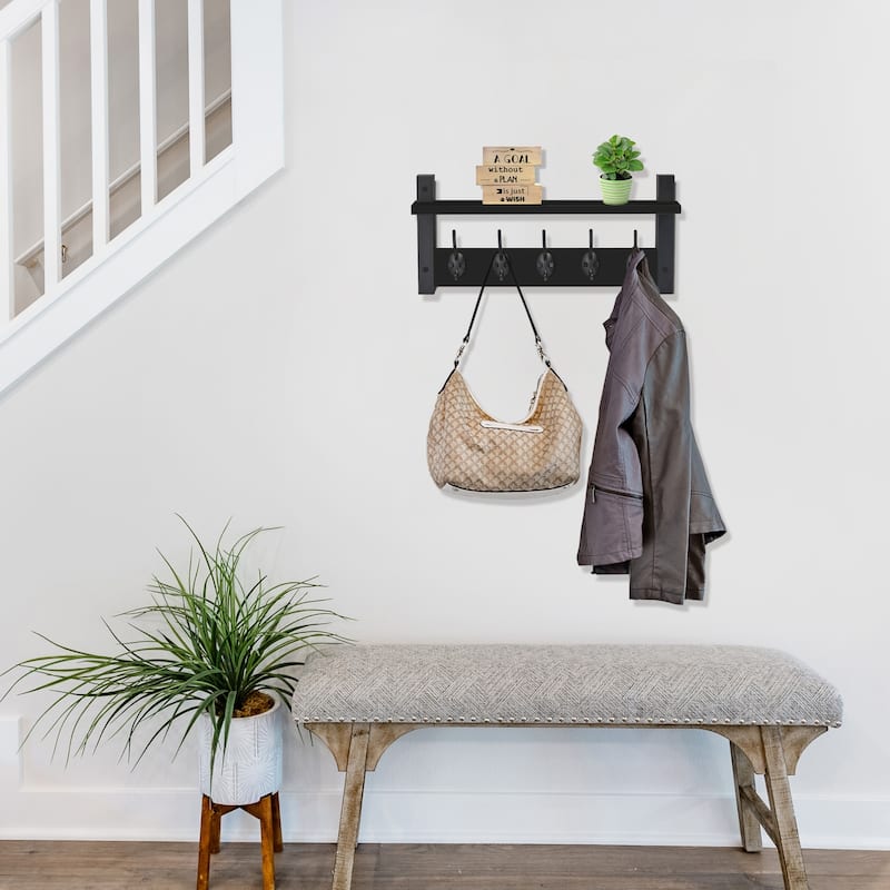 Sorbus Coat Hooks Wall Mount Floating Shelf with 5 Heavy Duty Hooks, Large and Extra Large