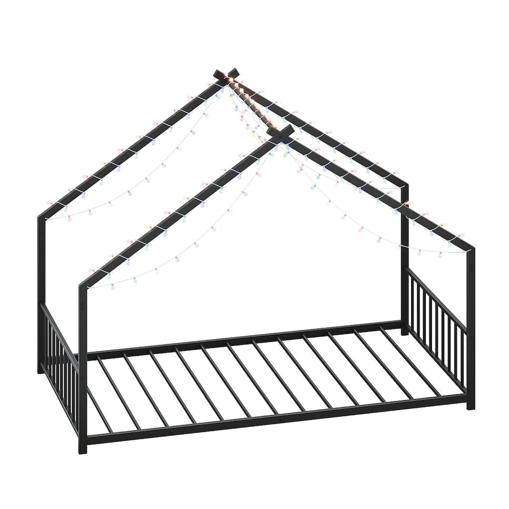 Black Iron Twin Bed Frame with Roof Design and Built-in LED Lights
