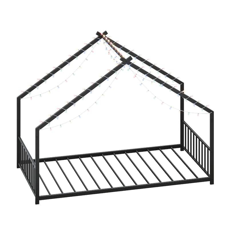 House-shaped Bed Frame, Toddler Kid Iron Floor Bed with House Roof Frame and LED Light Strips, House Daybed