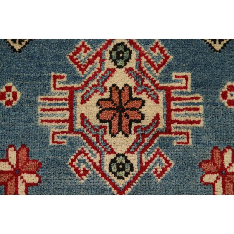 Hand Knotted Oriental 100% Wool Carpet Traditional Geometric Navy Blue & Blues Kazak Area Rug - 3' 3'' X 1' 11''