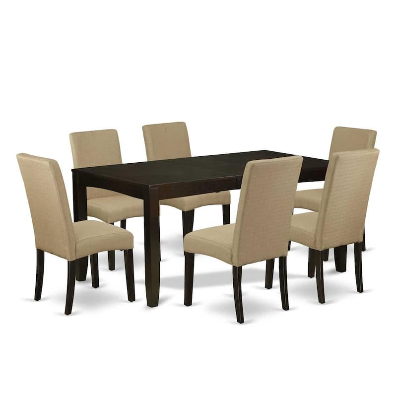 Baroque Beauty Dining Set - 6Pc Rectangular Table & Chairs - Cappuccino Finish - Linen Fabric - Brown
