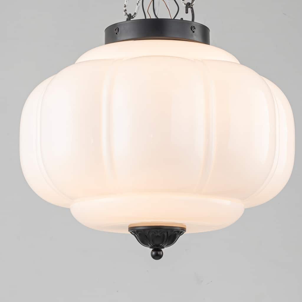 3-Light Transitional Metal & Glass Flush Mount with Charming Pumpkin Milk Glass Shade for Living Room - 15 in. W x 13 in. H