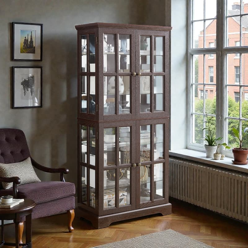 Antique Curio Display Cabinet with Glass Doors, 4 Door Vintage Showcase with Adjustable Shelves and Light
