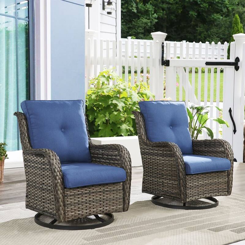 Gymojoy Wicker Swivel Glider Chair with Water-Resistant Olefin Cushions - 2-Piece - Grey Wicker / Blue Cusion