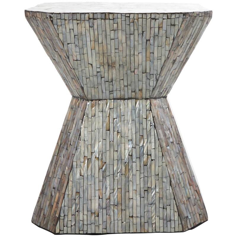 Gray Mother of Pearl Shell Hourglass Geometric Accent Table with Linear Mosaic Pattern