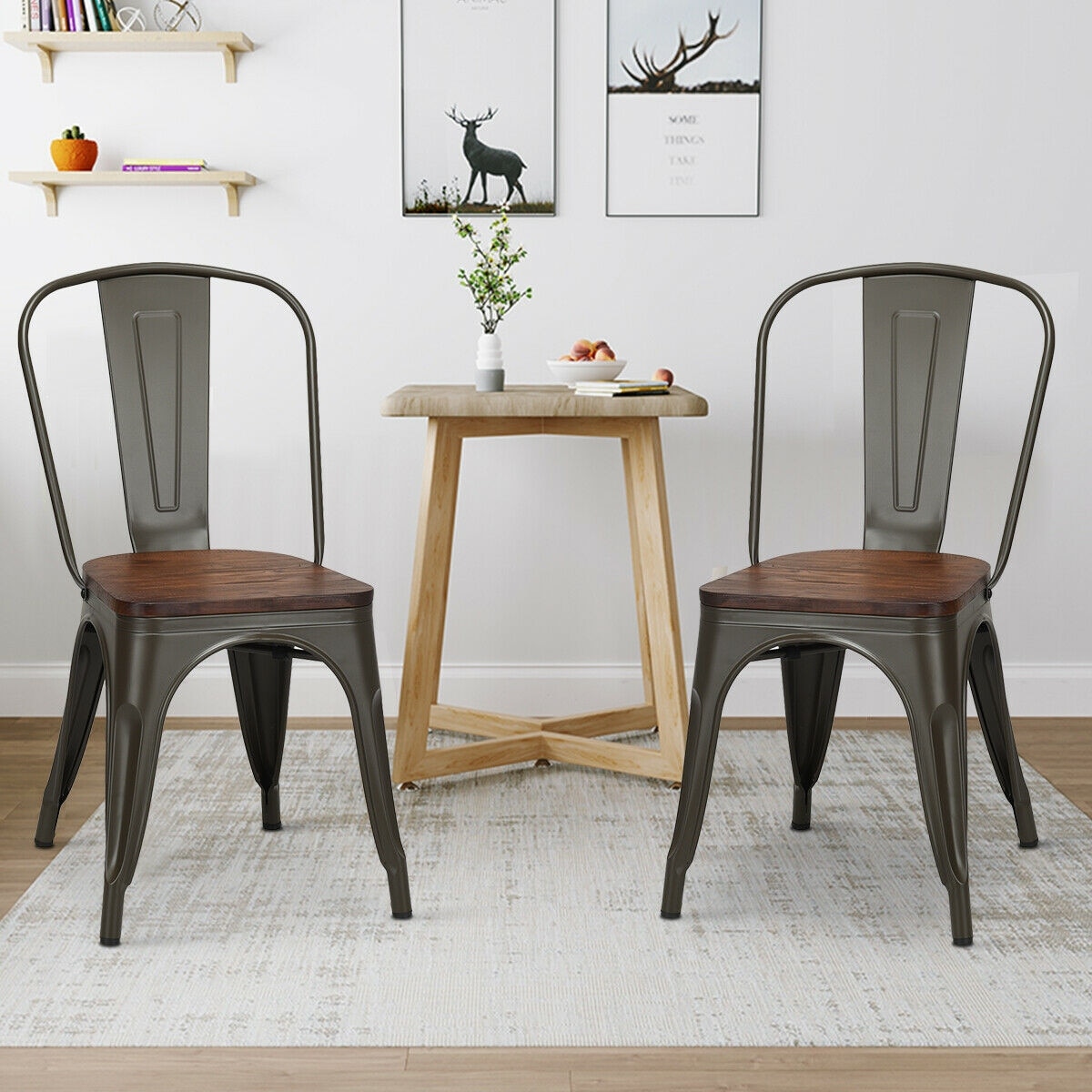 Costway Set of 4 Style Metal Dining Side Chair Wood Seat Stackable