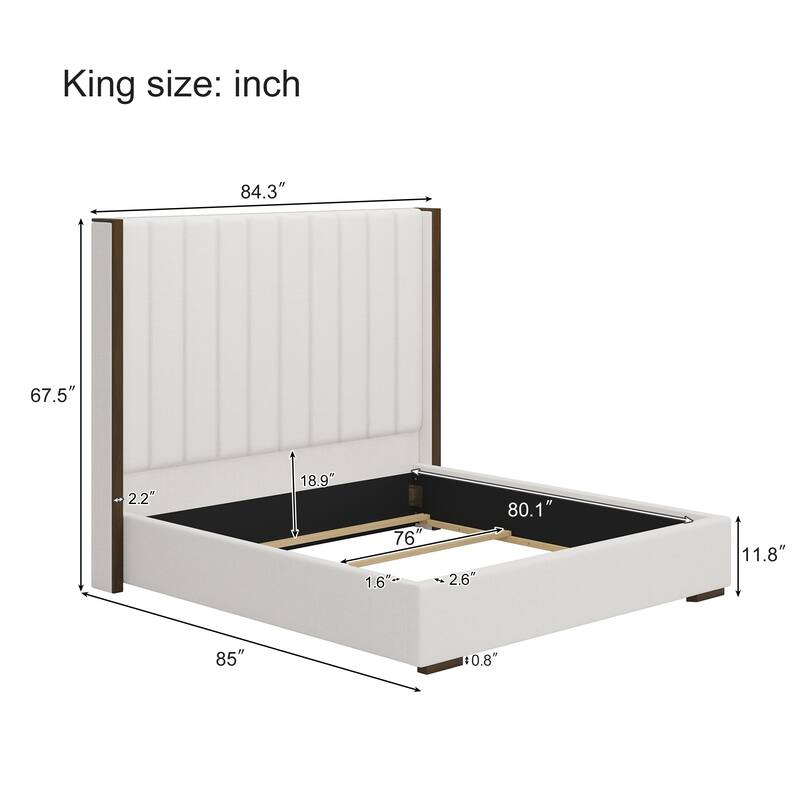 Roomfitters King Size Upholstered Bed, 67.5" Tall Headboard, Wingback, Vertical Stripes, Box Spring Needed