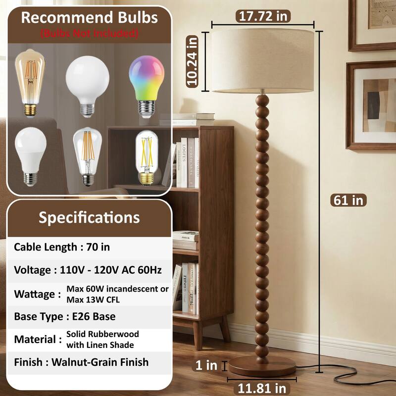 61" Wooden Beaded Floor Lamp, Retro Walnut Finish Standing Lamp with Linen Shade, Rubberwood Base for Living Room, Bedroom