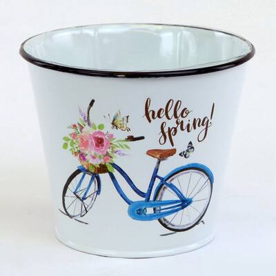 White 'Hello Spring' With Blue Bike And Flowers Planter