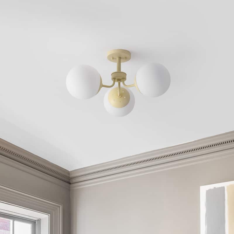 Ojai 23.5" 3-Light Bohemian Farmhouse Iron/Frosted Glass LED Semi Flush Mount, Brass Gold/White by JONATHAN Y