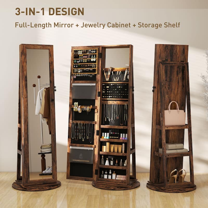 HOMCOM 360° Swivel Jewelry Cabinet, Lockable Jewelry Armoire Organizer with Full-Length Mirror for Bedroom Living Room