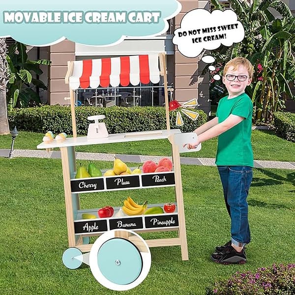 slide 2 of 7, Kids Ice Cream Cart Wooden Toddler Market Stand W/ Chalkboard Storage
