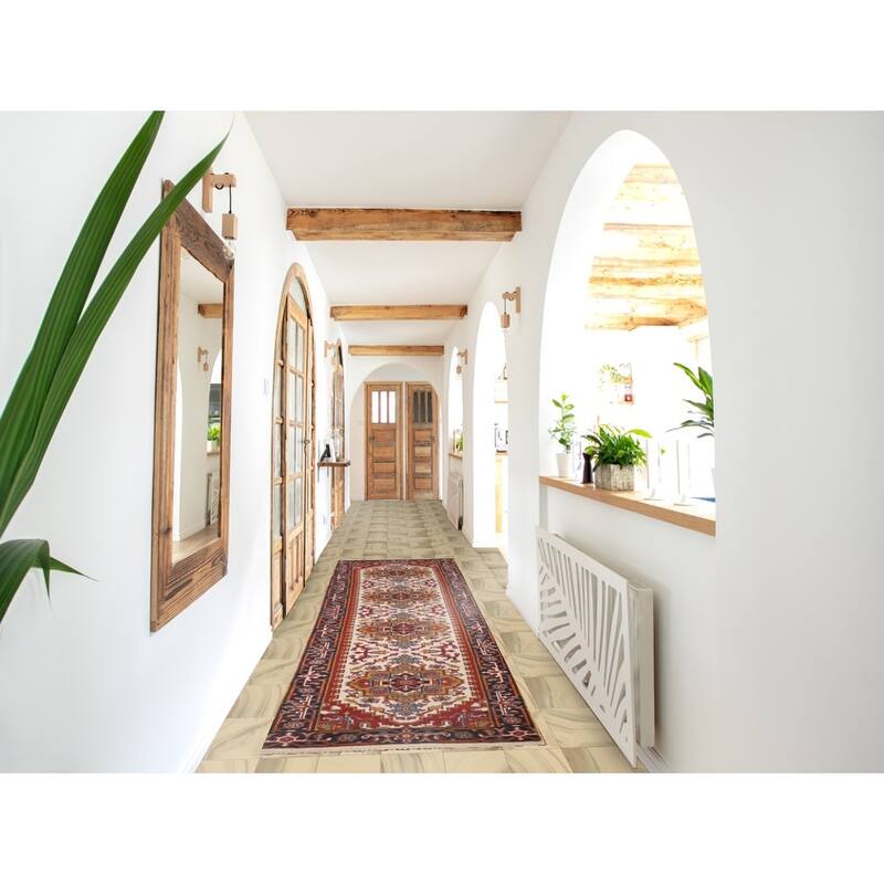 Ivory Geometric Heriz Serapi Oriental Runner Rug Handmade Wool Carpet - 2'7"x 10'10"