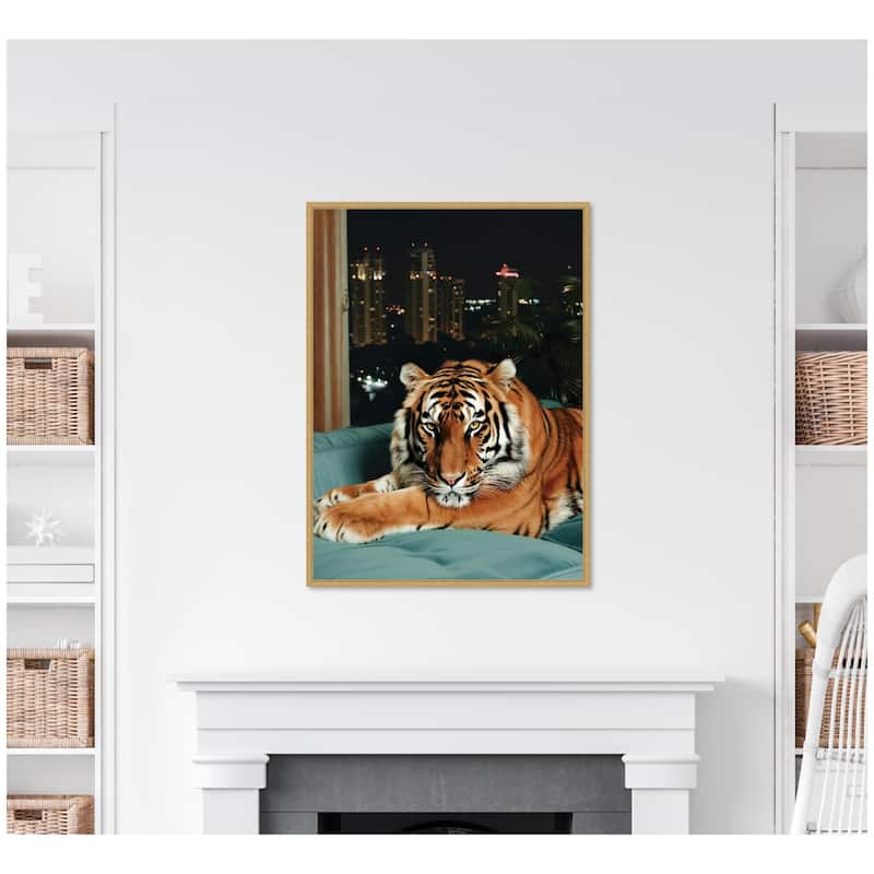 Kate and Laurel Sylvie Tiger in the City at Night 1 Framed Canvas by Michael Schauer