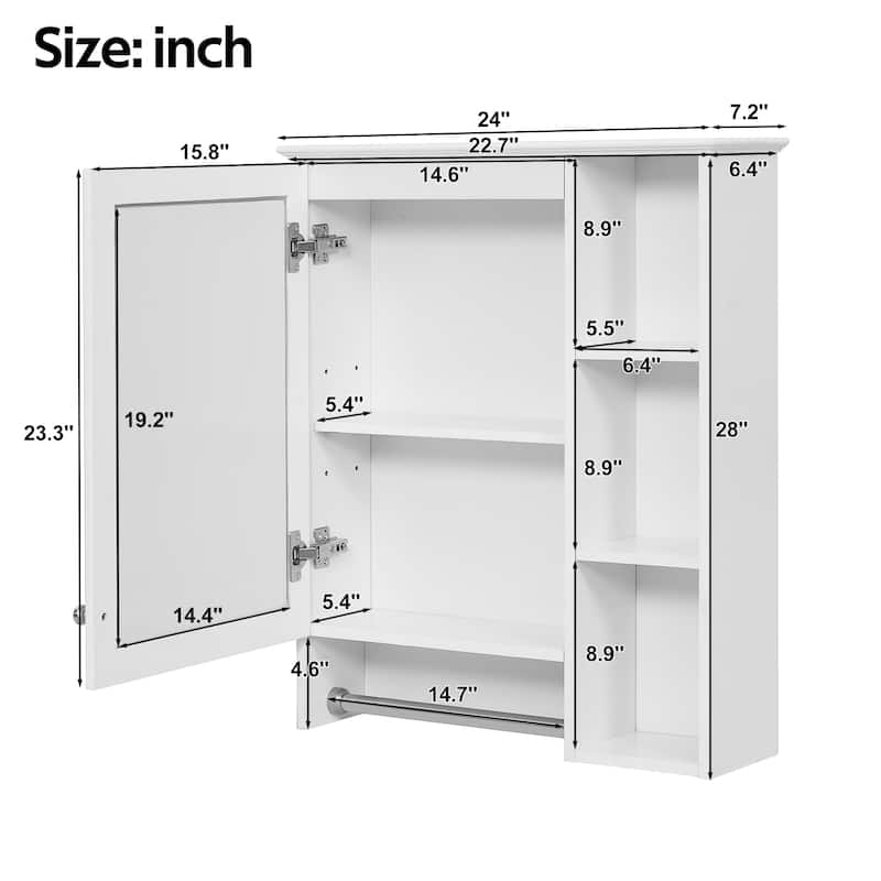 3-in-1 Bathroom Mirror Cabinet, 24-inch Wall Mounted Medicine Cabinet with Adjustable Shelf & Tower Bar