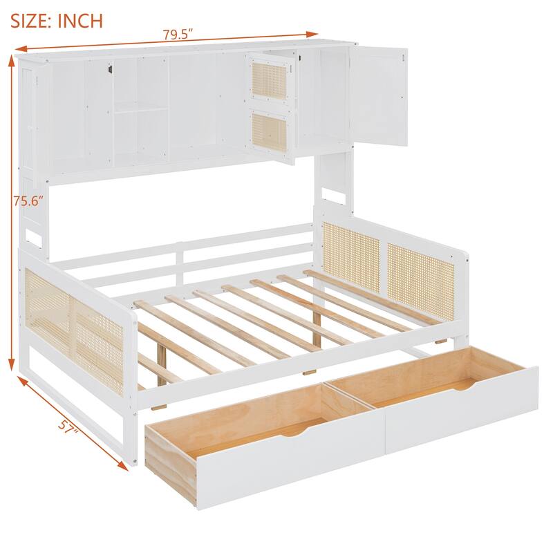 Full Size Wooden Daybed with 2 Drawers and All-in-One Cabinet and Shelf for Practical Bedroom Storage, Platform Bed Frame