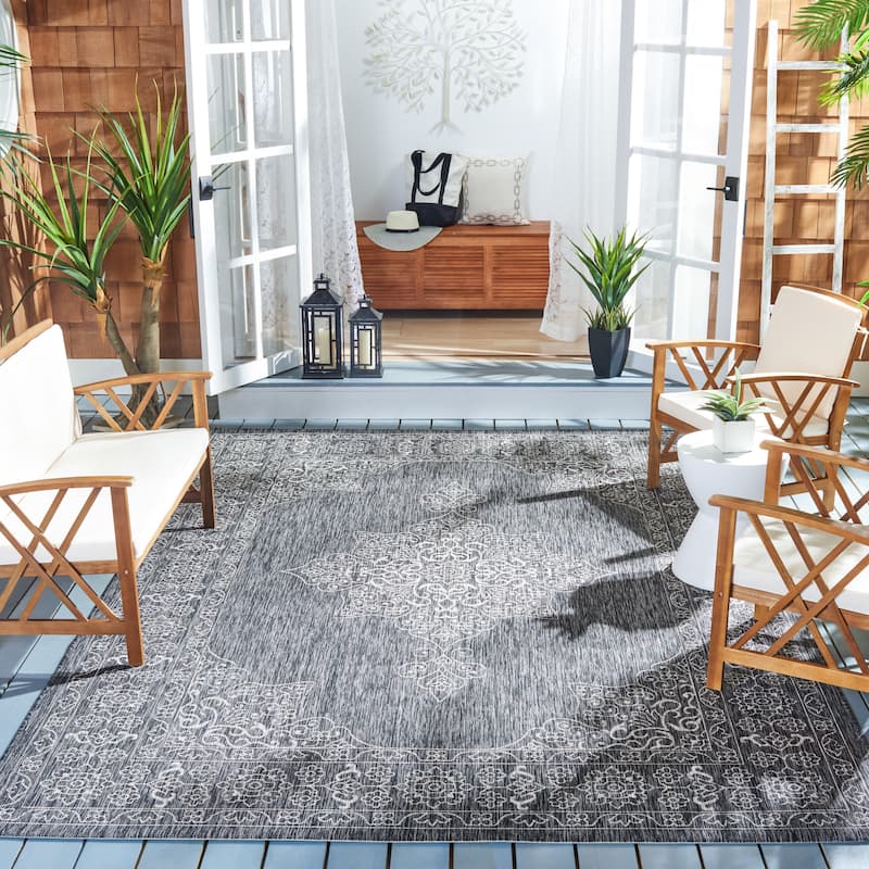 SAFAVIEH Courtyard Zikrija Indoor/ Outdoor Waterproof Patio Backyard Rug - 8' x 11' - Black/Ivory