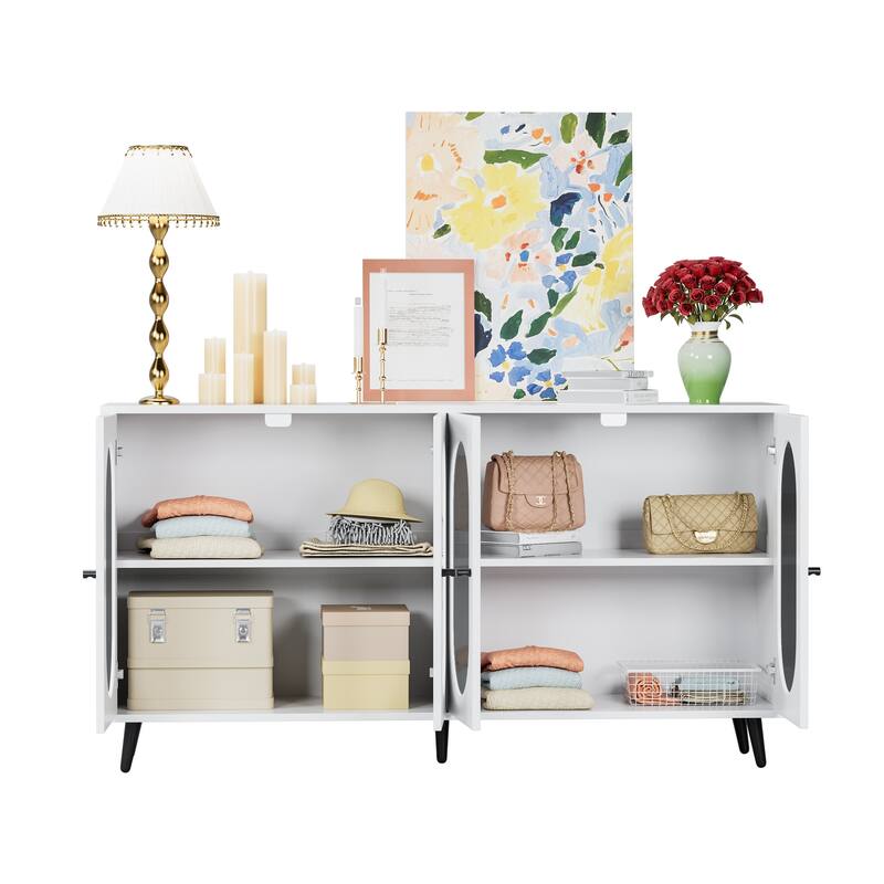 Anmytek 60" White Buffet Cabinet with Storage, 4 Acrylic Doors Accent Sideboard Cabinet for Living Room Entryway Hallway