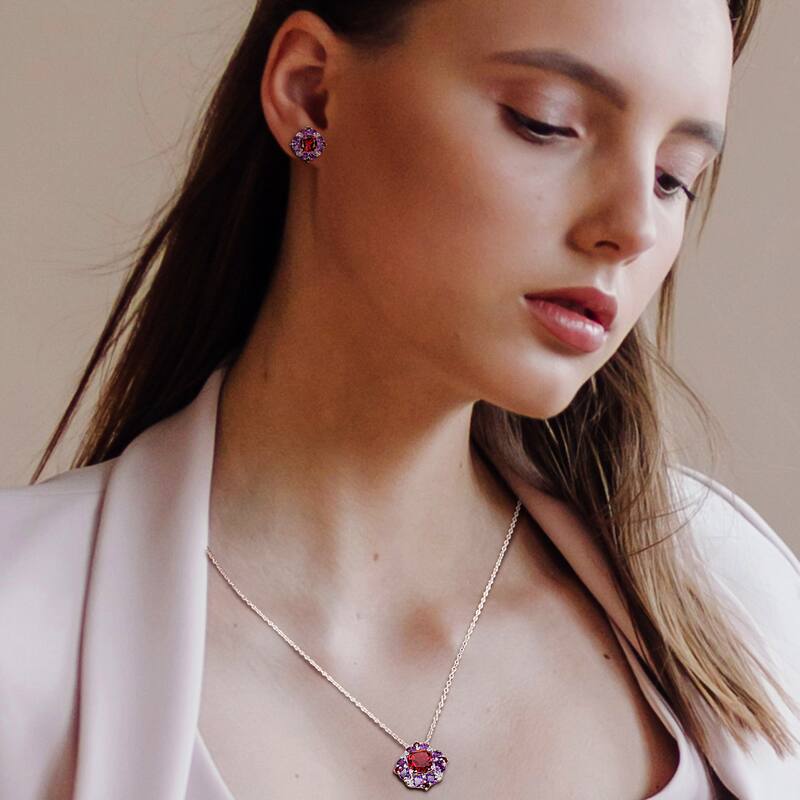 Miadora 13 1/4ct TGW Garnet Africian Amethyst Cluster Pendant Chain Earrings Set Sterling Silver