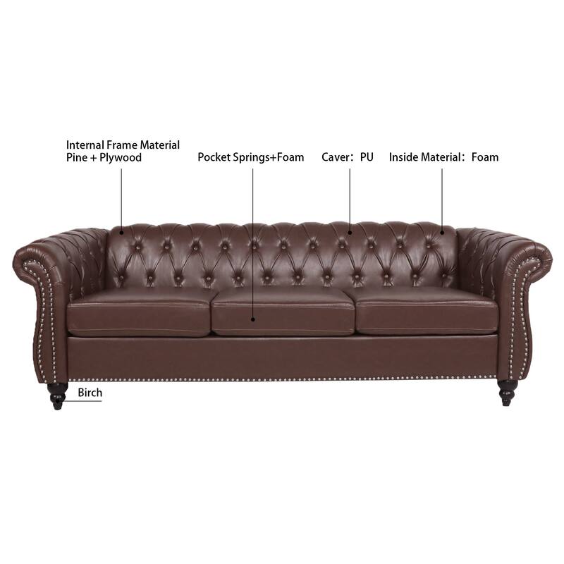84.65"PU Rolled Arm Chesterfield Three Seater Sofa.