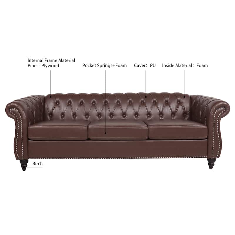 Upholstered Rolled Arm Chesterfield 3-Seater Sofa