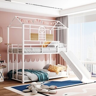 Elegant Twin Over Twin Kids Bed Metal Bunk Bed,Metal House Ded with Slide,Sturdy Frame and Guardrail