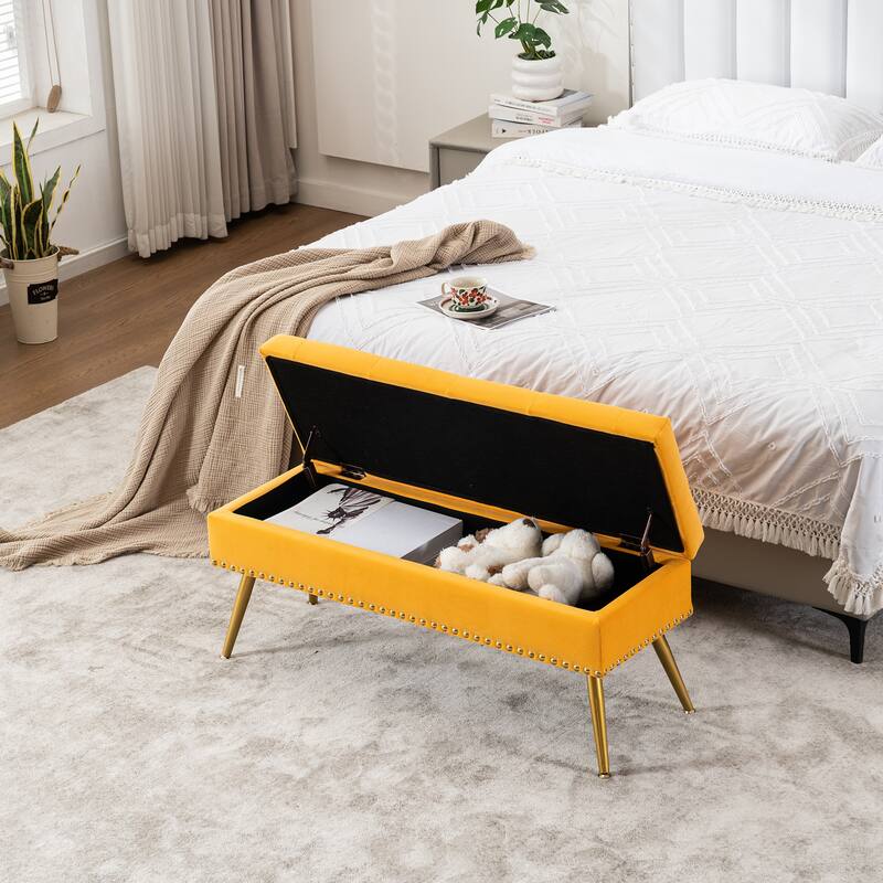 Velvet Storage Ottoman Bench with gold legs and Nailhead Trim for Bedroom/End of Bed/Entryway/Window