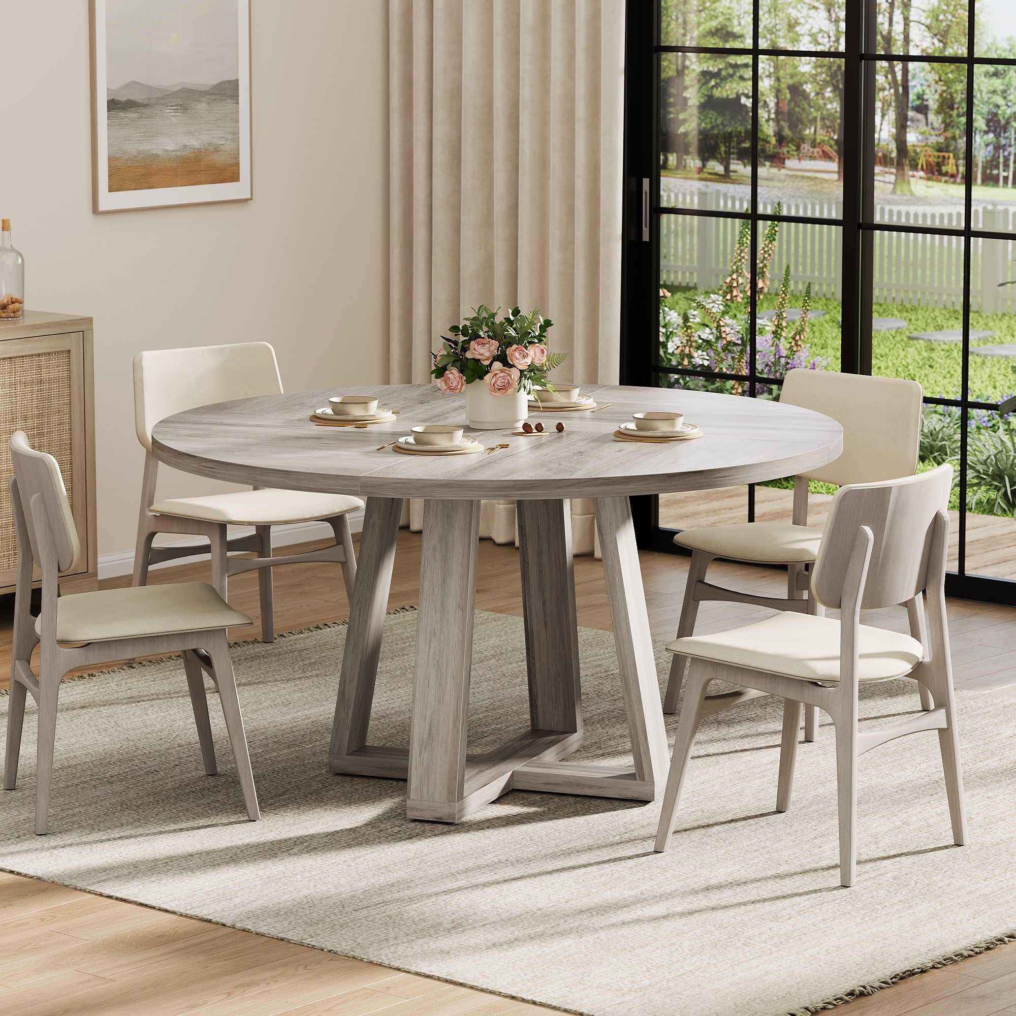 Round Dining Table for 4-6 People, 47" Dining Room Table with Wooden Cross Pedestal Base, Modern Kitchen Table
