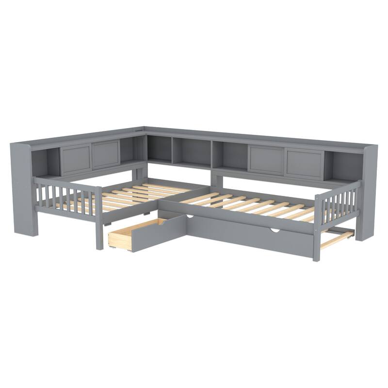 Roomfitters L-Shaped Twin Platform Bed with Trundle, Corner Bed Frame with Storage Drawers and Shelves