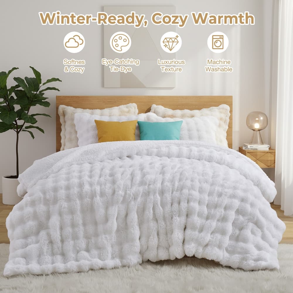 3 Pieces Fluffy Faux Rabbit Fur Comforter Set, Plush Fuzzy Bedding Set for Winter