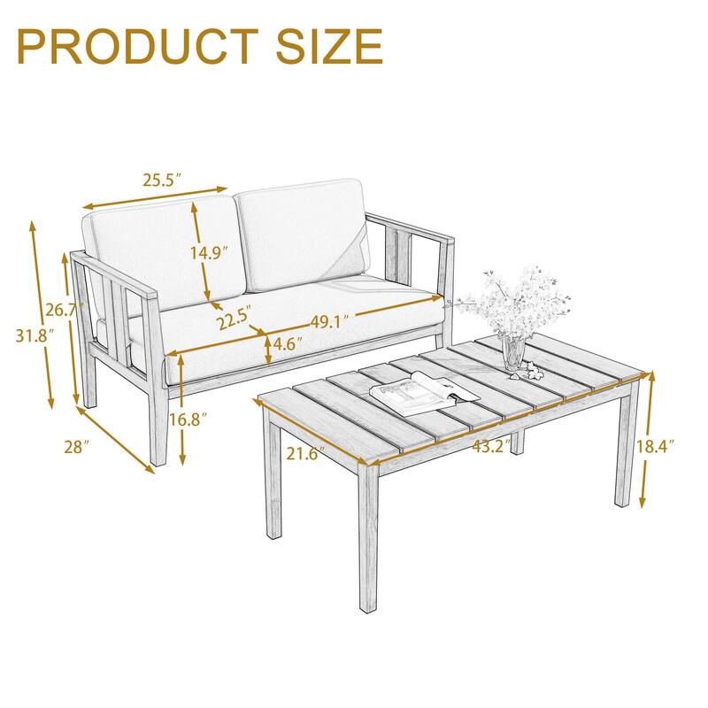 Teak Wood Water Resistant Outdoor Loveseat and Coffee Table Set (Set of 2)