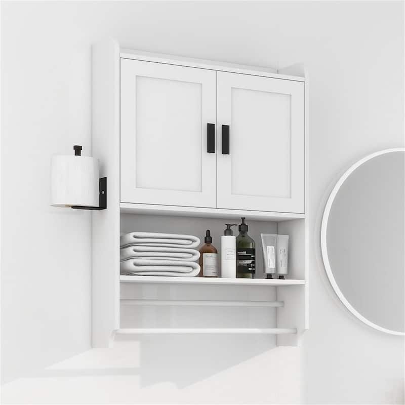 Bathroom Wall Cabinet with Doors, Shelf, Towel Bar and Paper Holder