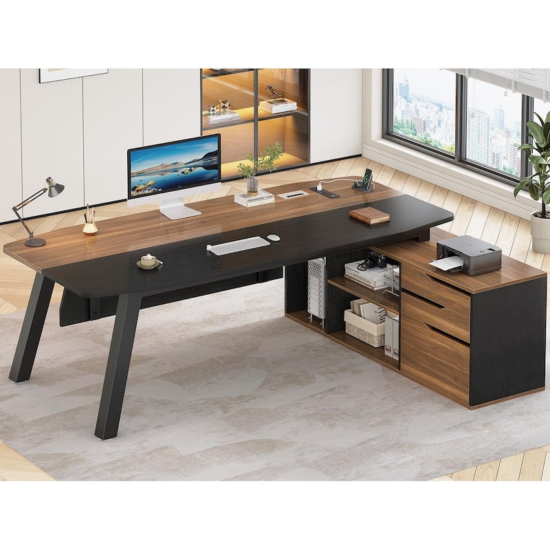 71" Executive Desk File Cabinet L Shaped Computer Desk Shelves - Walnut