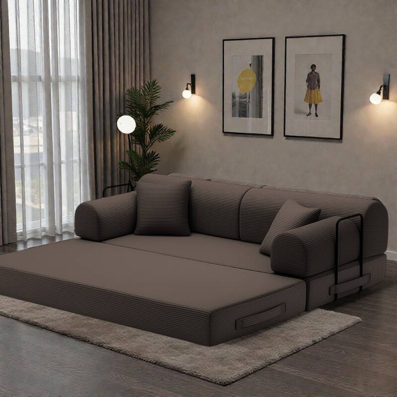 Convertible Sleeper Sofa Bed, 4-in-1 Corduroy Folding Floor Couch with Cylindrical Pillow, 2-Seat Space-Saving Lounge Sofa