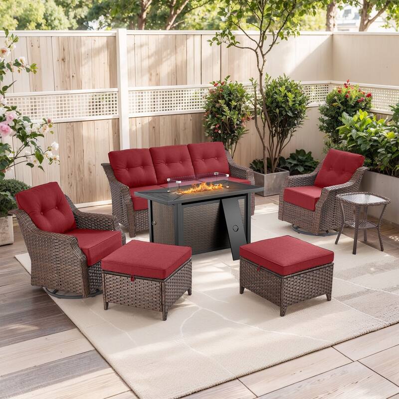 7-Piece Sofa Swivel Chairs Ottoman with 43" Firepit Table - Brown Wicker & Red Cushion