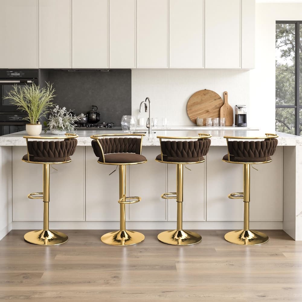 4 Set Modern Velvet Adjustable Swivel Bar Stools with Metal Frame
