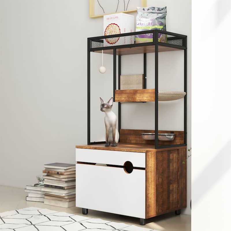 Hidden Cat Litter Box Enclosures with Cat Tree Tower - White+Vintage