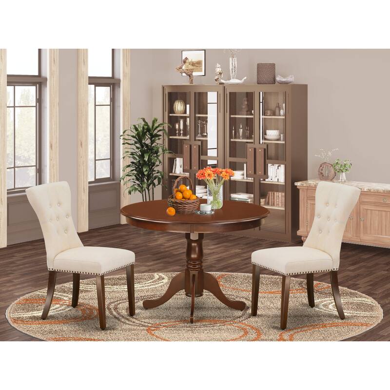 East West Furniture 3 Piece Dining Table Set- a Kitchen Table with Pedestal and 2 Linen Fabric Parsons Chairs(Finish Options) - HLGA3-MAH-32