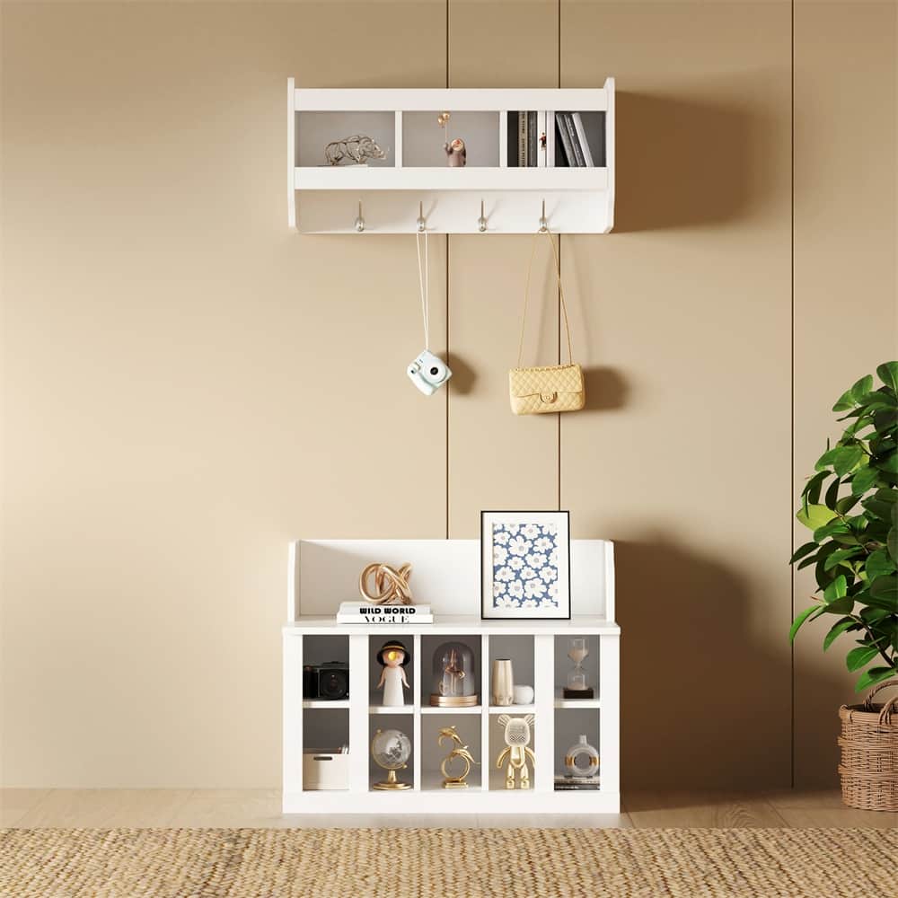 Shoe Storage Bench with Shelves and 4 Hooks, Wall Mounted Coat Rack