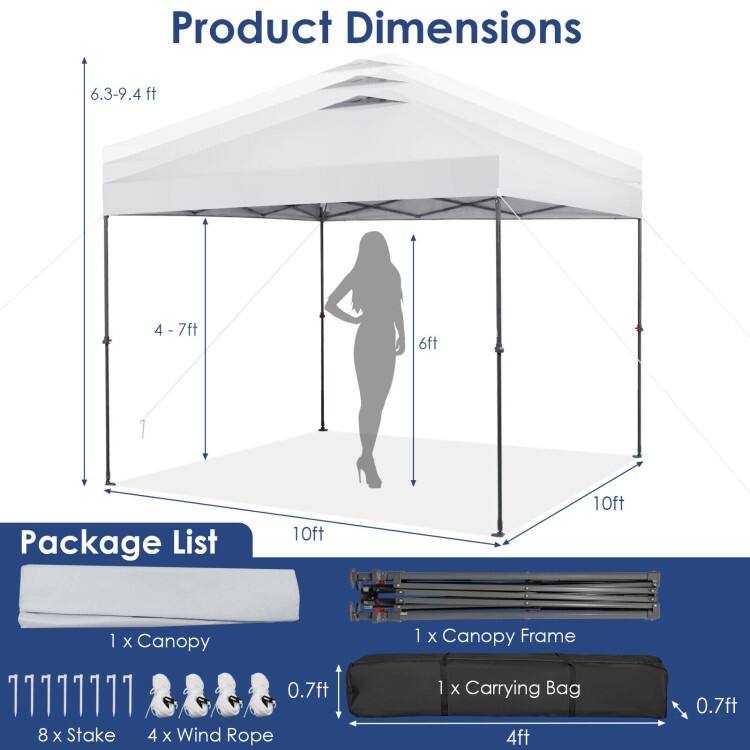 10 x 10 Feet Foldable Outdoor Instant Pop-up Canopy with Carry Bag - 10 x 10 x 6.3-9.4 ft