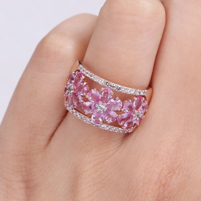 Miadora Pear-Cut Pink and White Sapphire Triple Floral Cocktail Ring in 14k Rose Gold