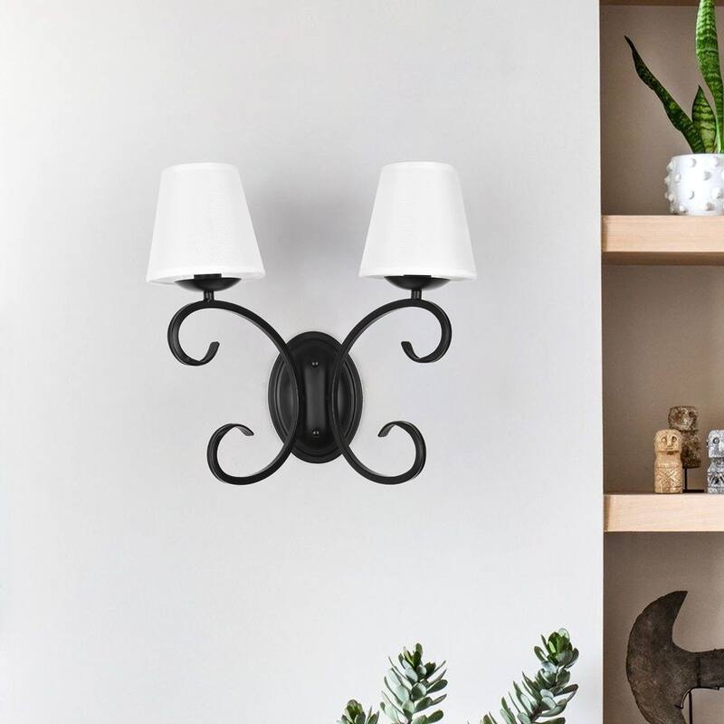 kirahee 2-Light Bedroom Wall Lamps Matte Black Finish Wall Lights with White Flax Fabric Shade - Matte Black
