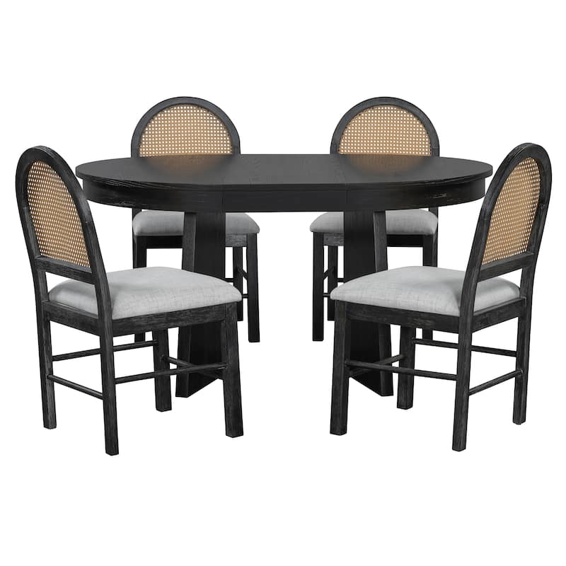 5-Piece Retro Rattan-Back Extendable Round Dining Set with Upholstered Linen Seats by Harper&Bright Designs