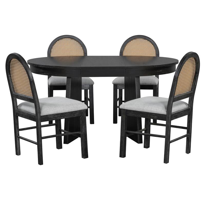 5-Piece Round Dining Table with 16" Middle Leaf & 4 Upholstered Chairs