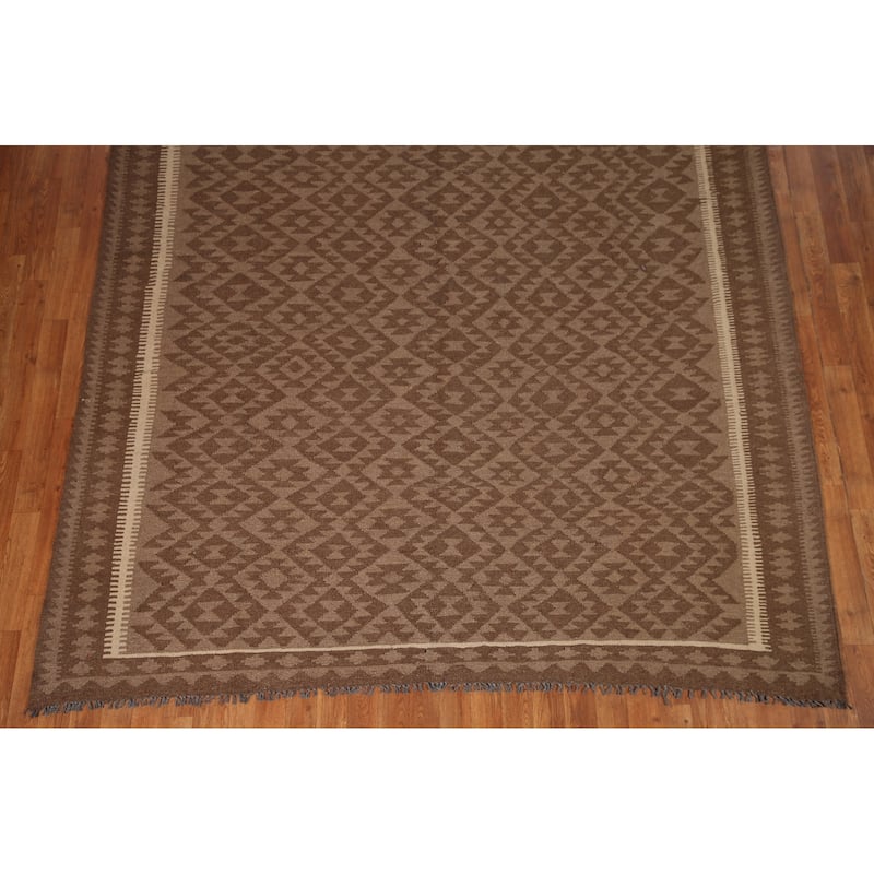 Brown Geometric Kilim Oriental Area Rug Hand-woven Wool Carpet - 7'3" x 9'9"