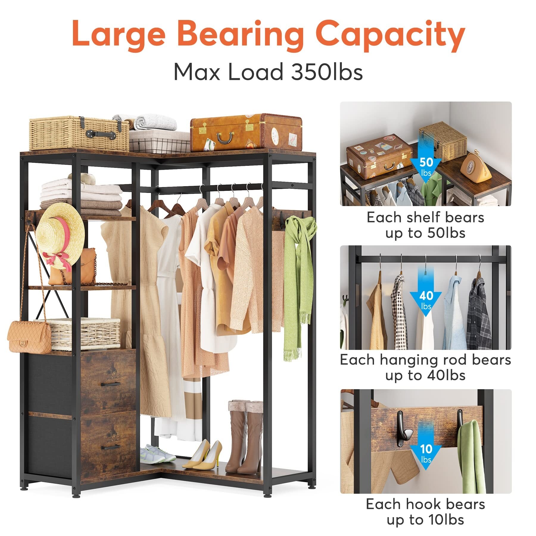Corner Clothes Rack, L Shaped Garment Rack with Shelves and 2